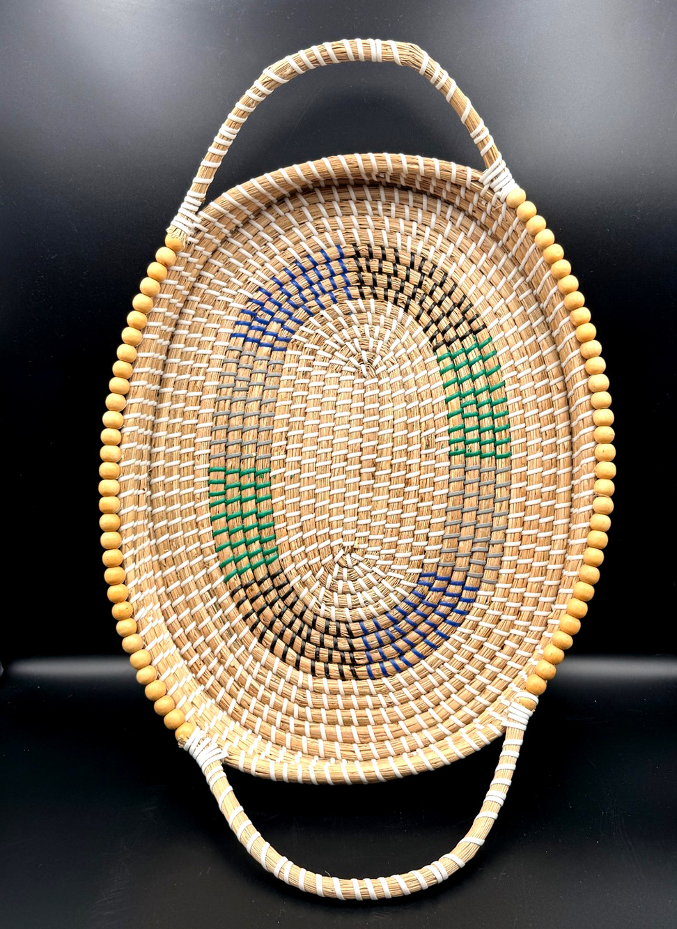 Two Handled Bohemian Boho Coiled Woven Seagrass Rattan 21" Serving Tray Basket